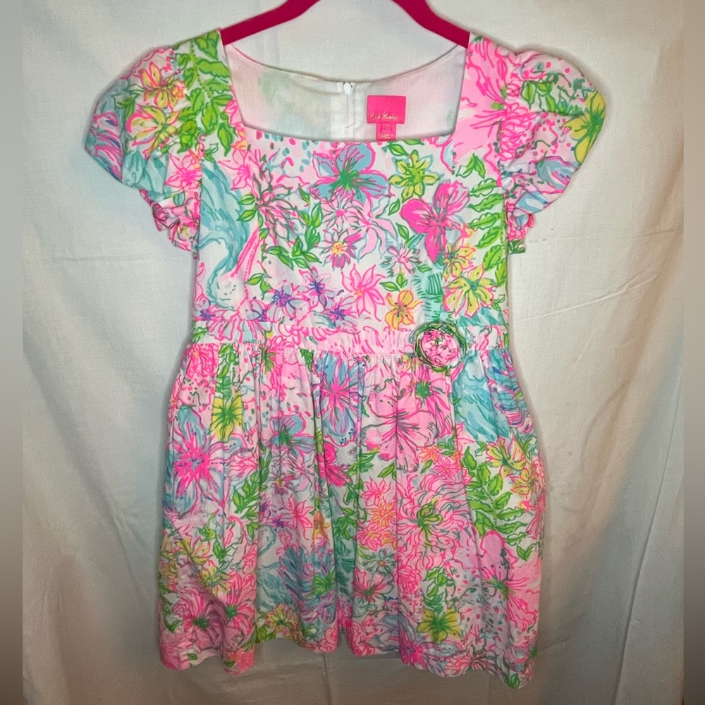 Lilly Pulitzer girls summer vibrant pink cotton dress puff sleeve bow vacation
